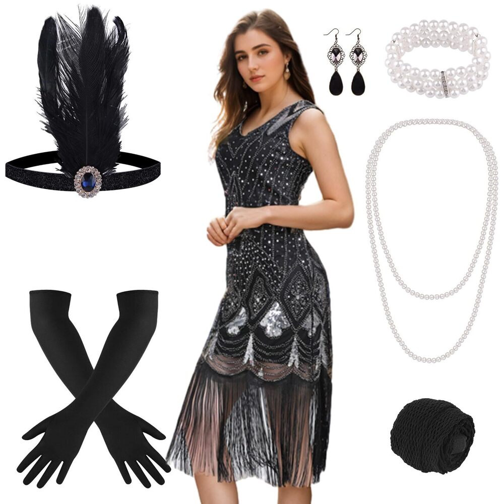 8625 1920s Dresses For Women, Sequin Fringed Gatsby Flapper